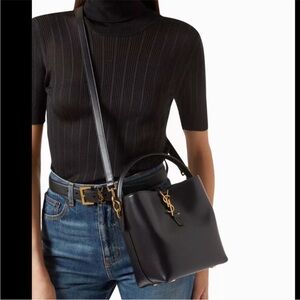 Y S L Black Leather Shoulder Bag with Gold Details